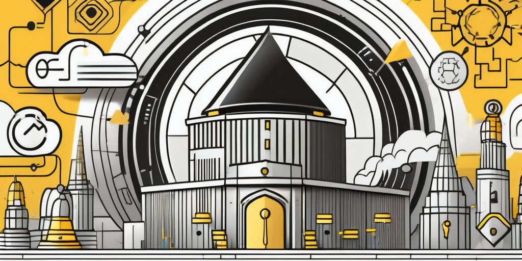 A fortified digital fortress surrounded by swirling clouds of data