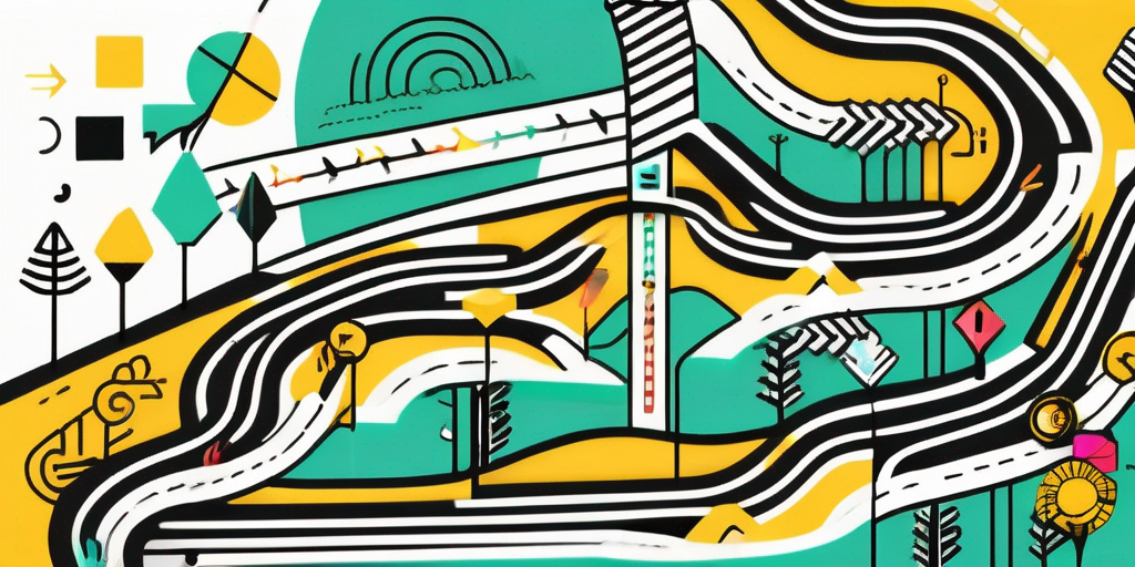 An abstract representation of a winding road that transitions from a series of colorful pitches