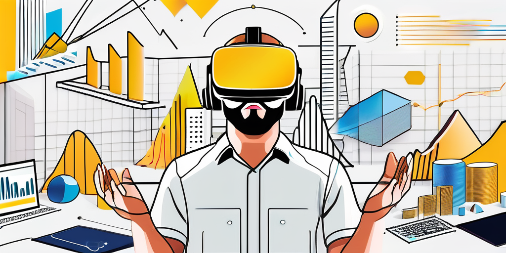 An imaginative and vibrant scene showcasing a virtual reality headset surrounded by various b2b marketing elements like charts