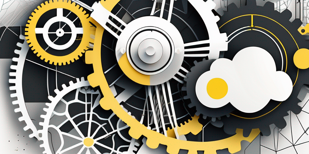 An abstract representation of a digital landscape featuring interconnected gears and cloud elements