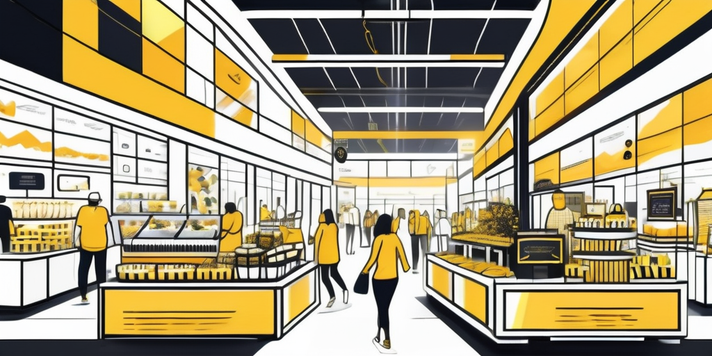 An intricate marketplace scene that visually represents the journey of information transforming into engaging merchandise