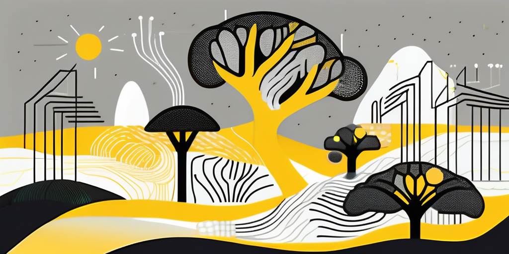 An abstract representation of a digital landscape where interconnected neural networks and vibrant data streams blend seamlessly with organic elements like trees and flowers