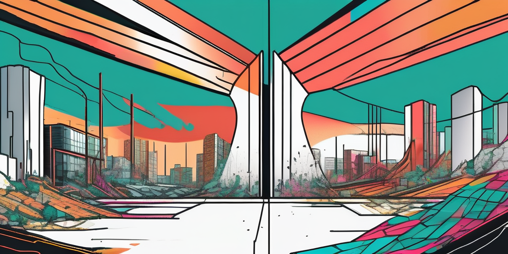 An abstract landscape depicting a split scene: one side representing a vibrant