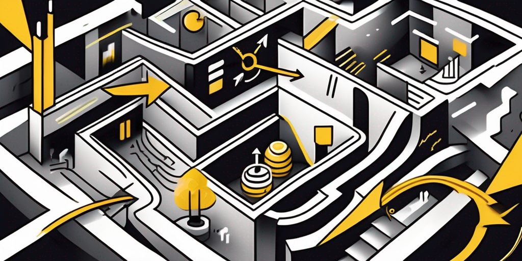 An intricate maze filled with various business symbols and icons