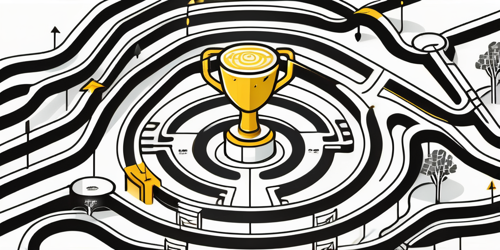 An expansive maze with various pathways leading to a central trophy