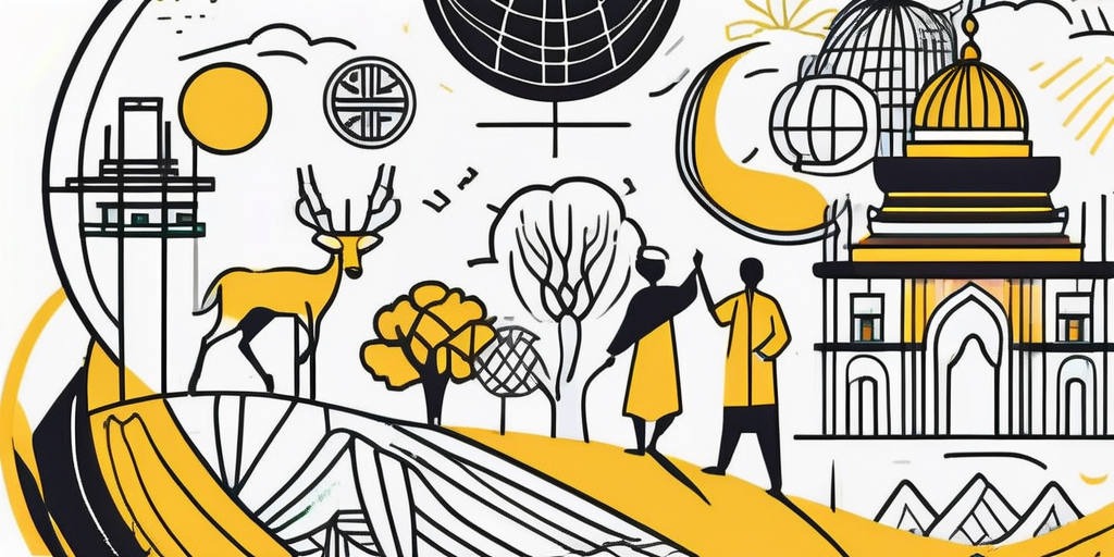 A vibrant globe surrounded by diverse cultural symbols