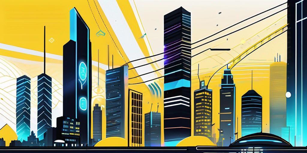 A futuristic city skyline interconnected with vibrant 5g signal waves