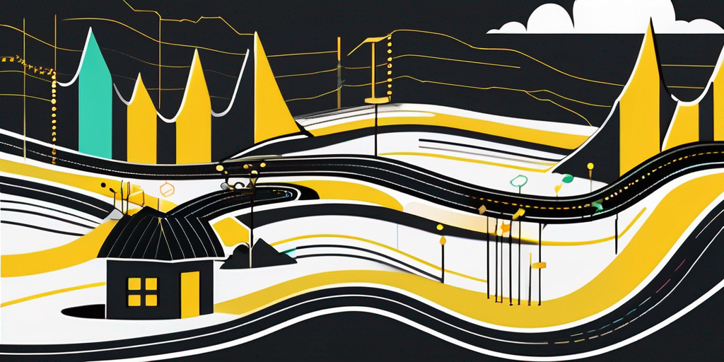 A winding road made of interconnected data points and graphs