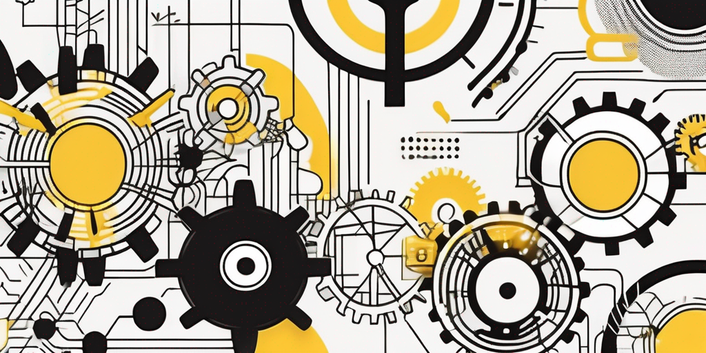 An abstract representation of a digital landscape featuring interconnected gears and algorithms