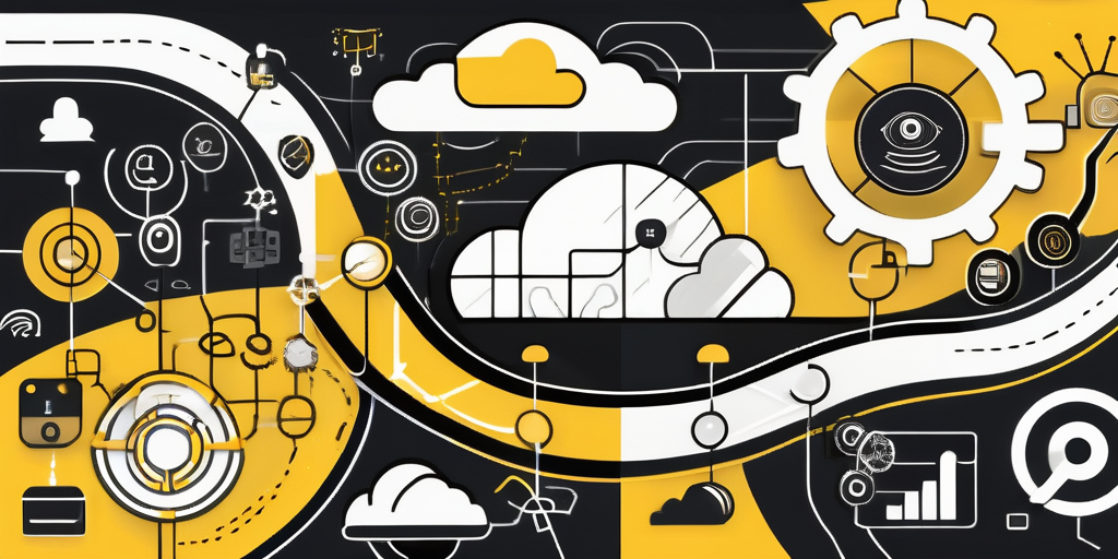 A dynamic landscape featuring a series of interconnected pathways and digital icons representing various social media platforms