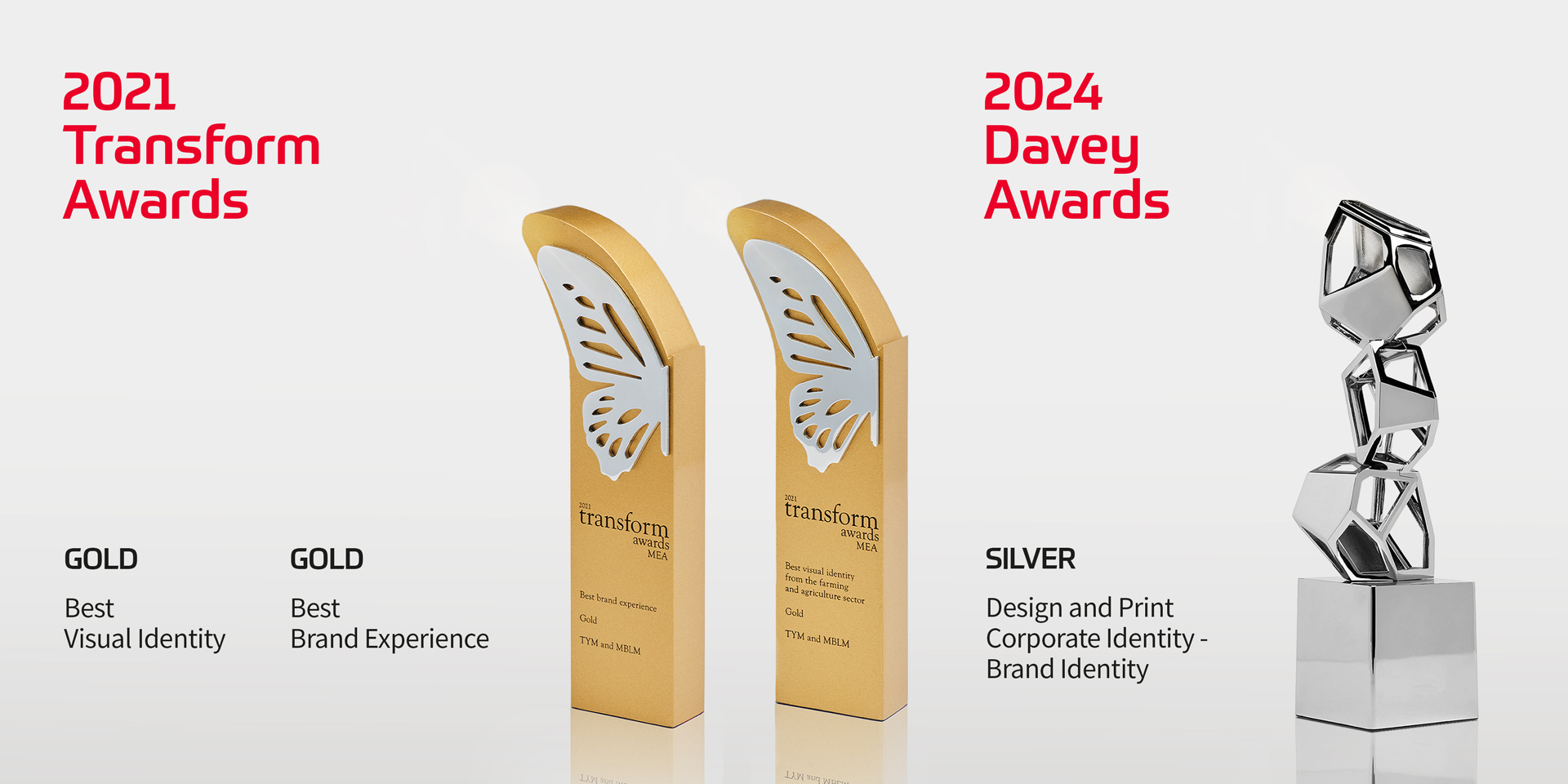 Trophies of 2024 Transform Awards and Davey Awards that TYM won for best visual identity, best brand experience and excellent corporate brand identity.