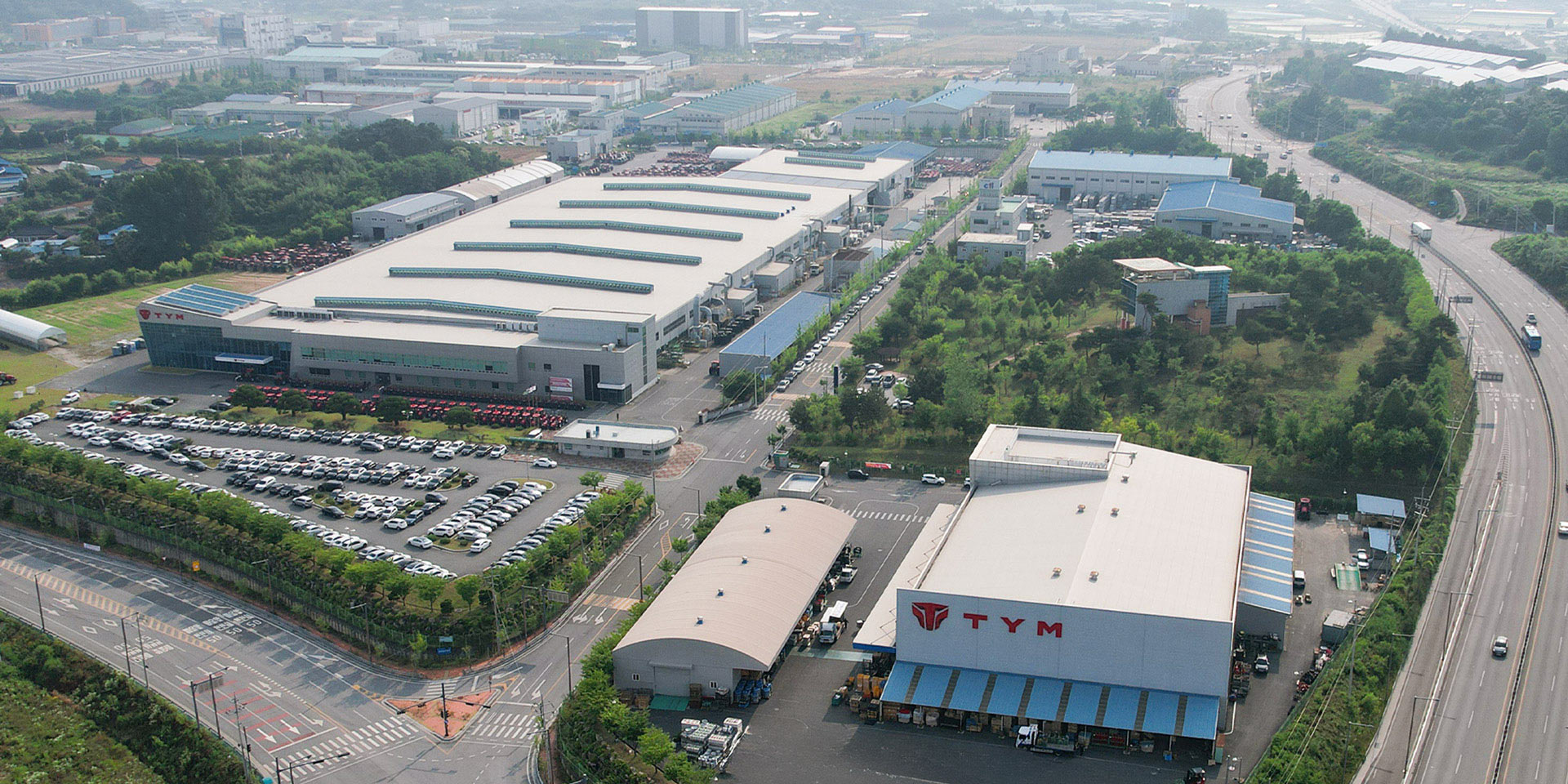 A birds-eye view photograph of the scenery of TYM Iksan factory in Korea.