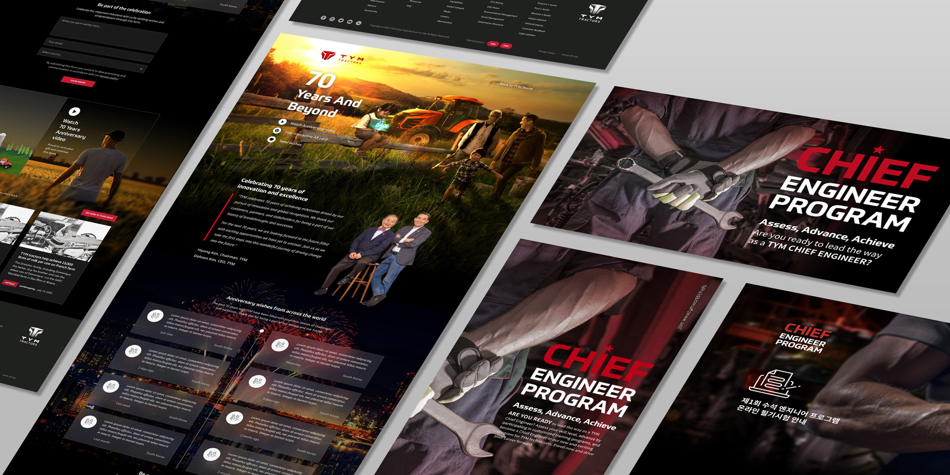 Landing pages of TYM 70th year anniversary campaign and chief engineer program. The marketing materials were designed, illustrated and created by OMNRAE.