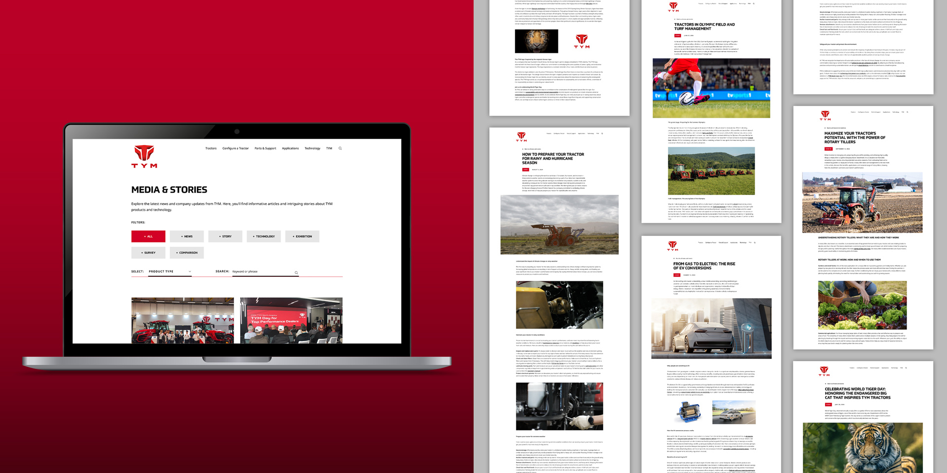 Overall page composition of TYM’s inbound articles, and the Media & Stories page with text and imagery to communicate the stories of the brand through their website.