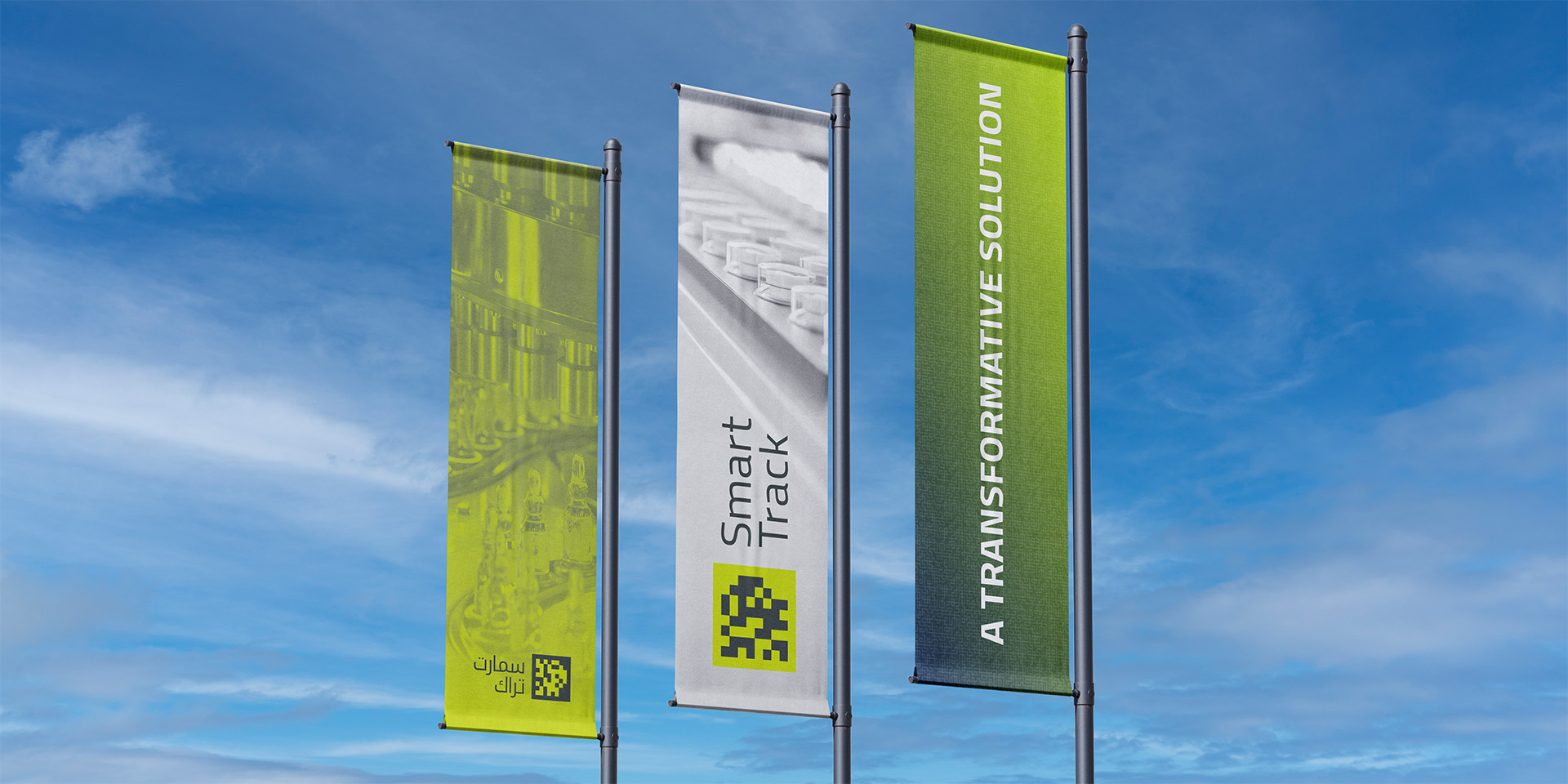 Branded flags that OMNRAE designed and created for Smart Track’s outdoor branding material requirements.