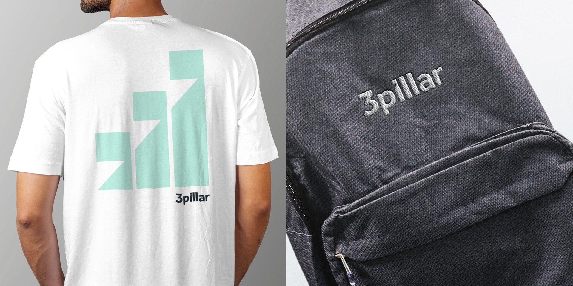 A split-screen collage of 3Pillar's swag including a tee shirt and backpack with 3Pillar's logo on it.