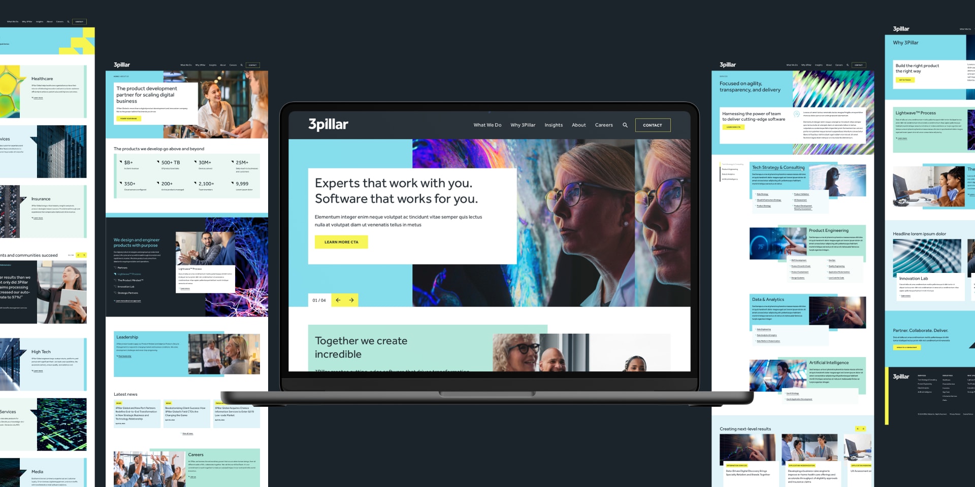 a collage of 3Pillar's website scroll