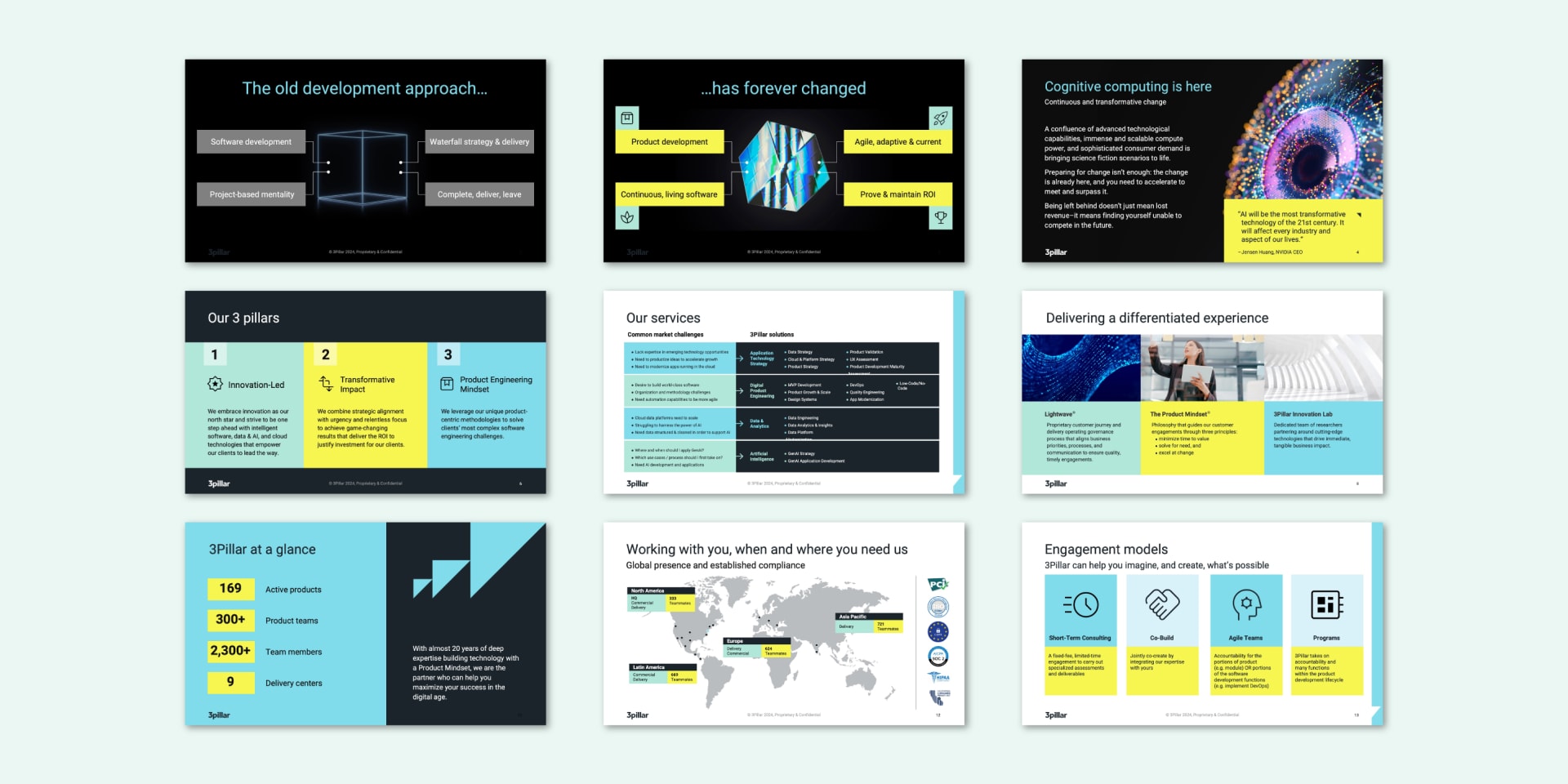 nine unique slides deck arranged together, each featuring different styles and branding elements.
