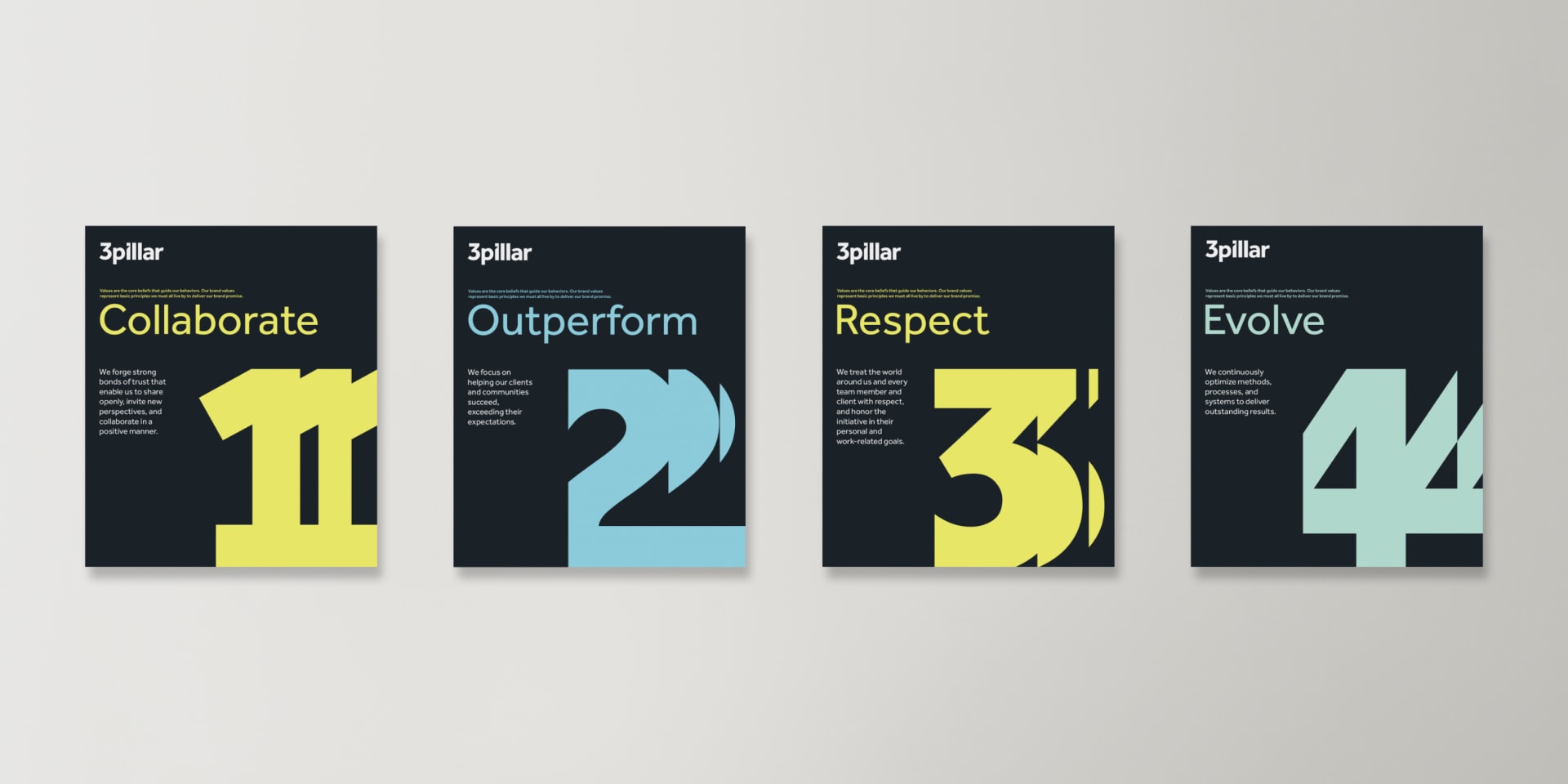 four 3Pillar brochure covers displaying different designs, featuring numbers and their 4 values