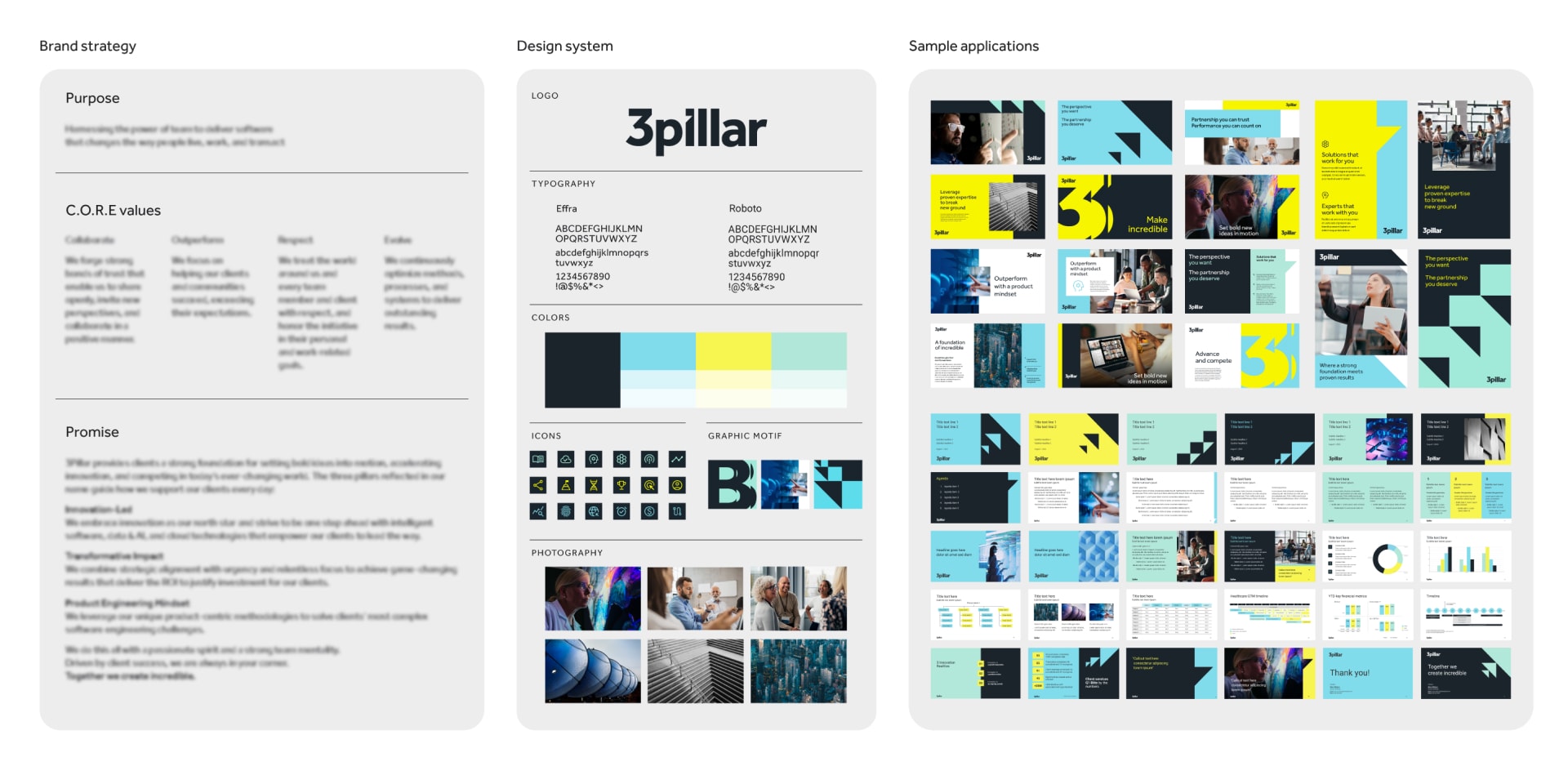 an arrangement of sample applications displaying 3Pillar's design system including logo, colors, typography