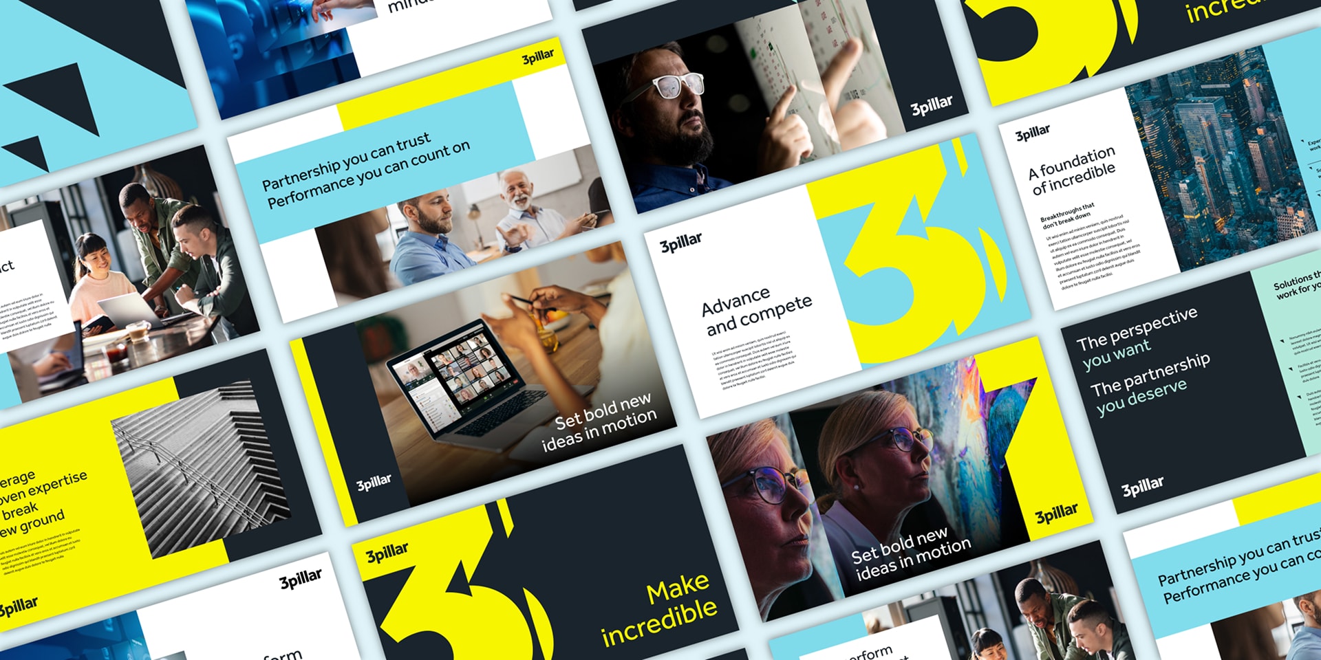 A collection of various 3Pillar presentations arranged on a white background, showcasing diverse graphics and design