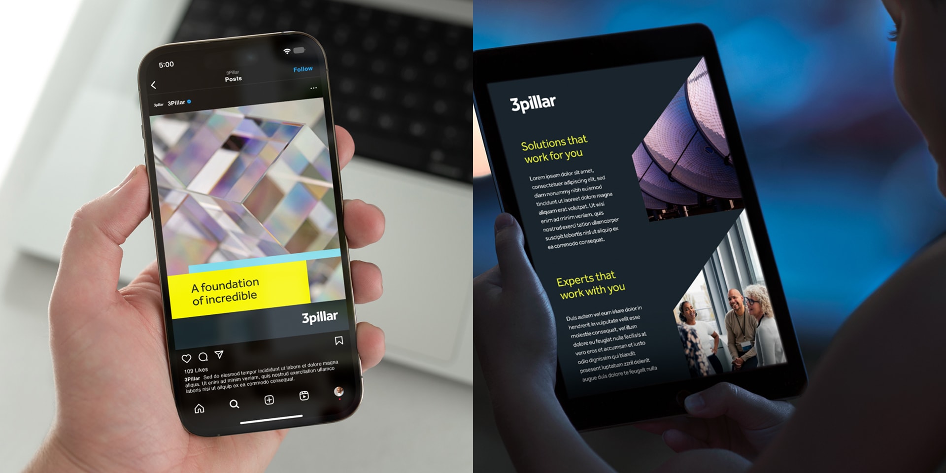 A split-screen collage of 3Pillar's campaign on a phone screen and ipad screen