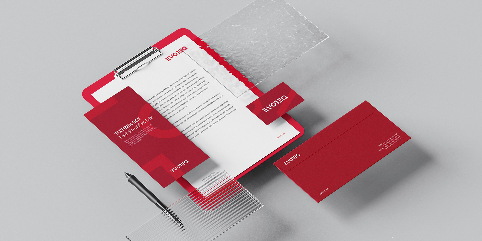 Branded corporate stationery that OMNRAE designed for Evoteq.