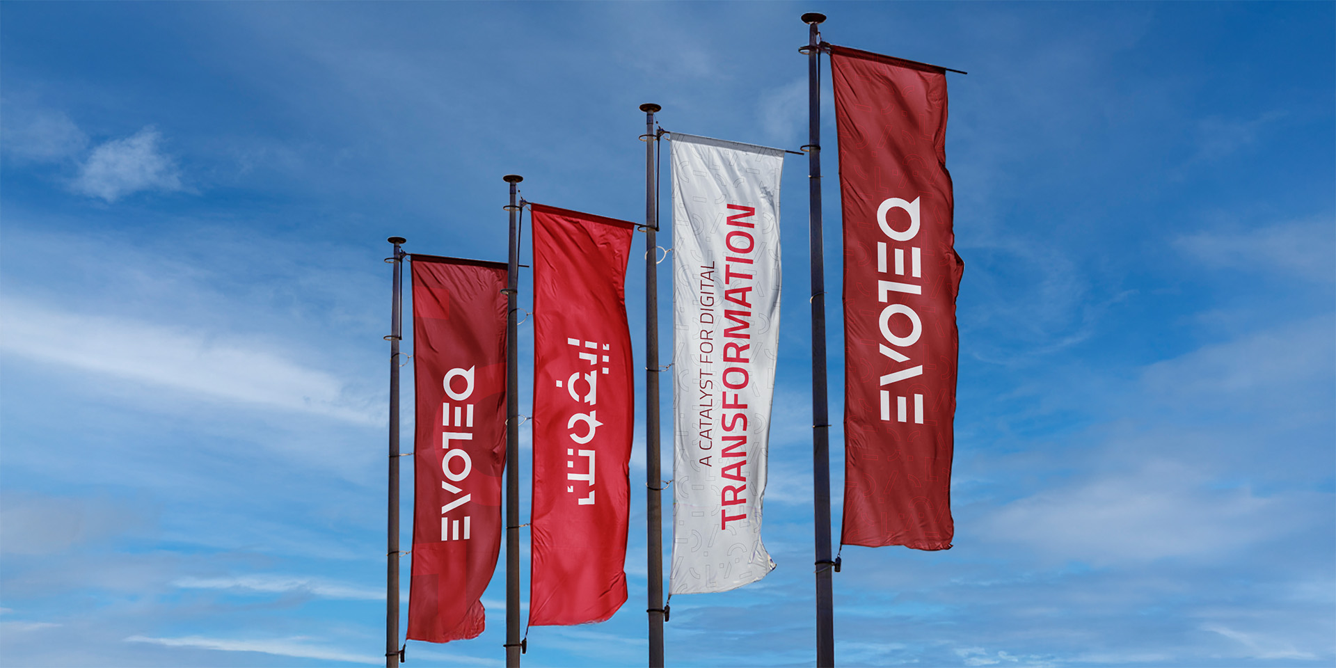 Branded flags that OMNRAE designed and created for Evoteq’s outdoor branding material requirements