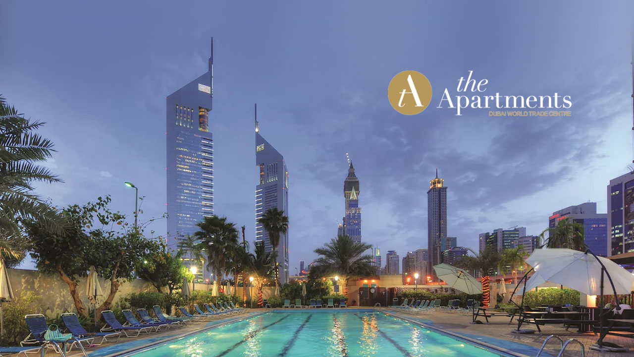 The Apartments logo and building exterior with a cityscape backdrop, emphasizing its prime location within Dubai World Trade Centre.