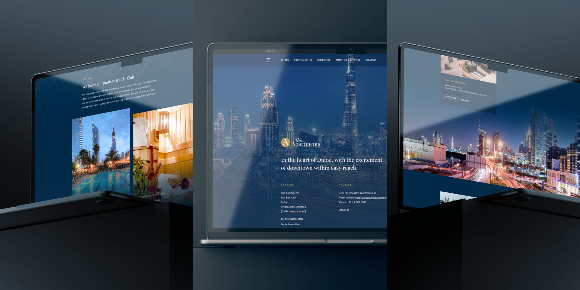 The Apartments website, designed and deployed by OMNRAE, highlighting luxury amenities, including a fitness center, swimming pool, and concierge services.
