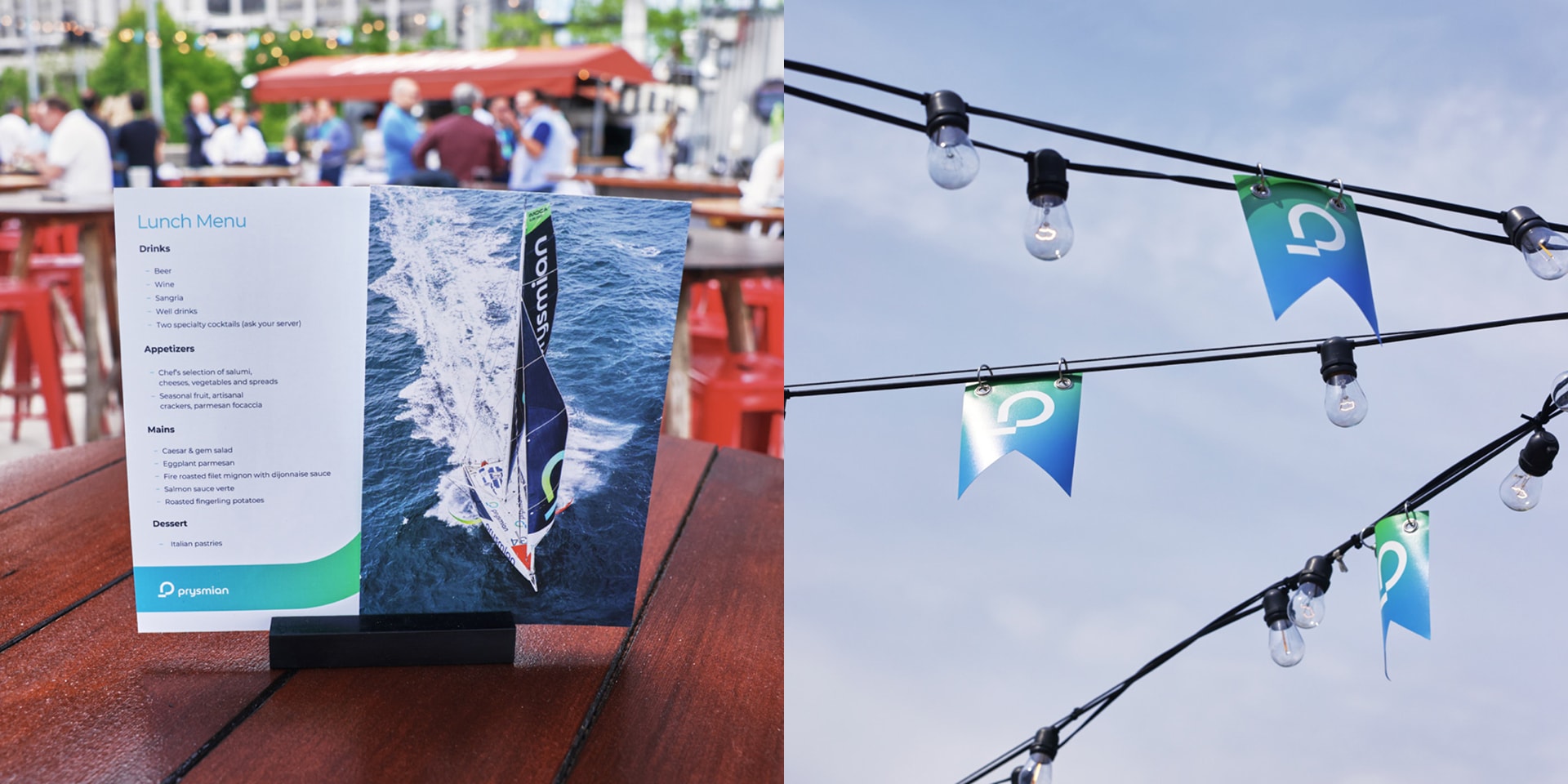 A split-screen collage of Prymian's lunch menu and outdoor lights decorated with flags with Prysmian's logo on it
