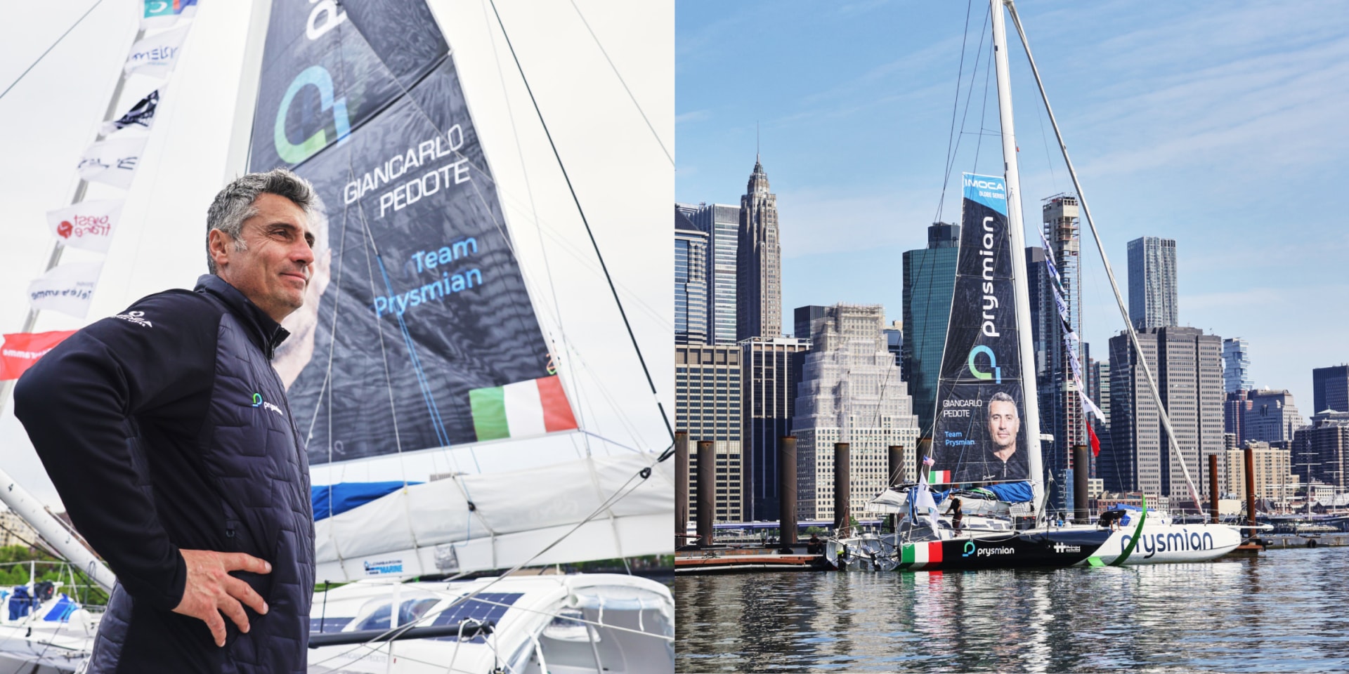 A split-screen collage of Giancarlo Pedote posing by a boat with Prymian's logo on it