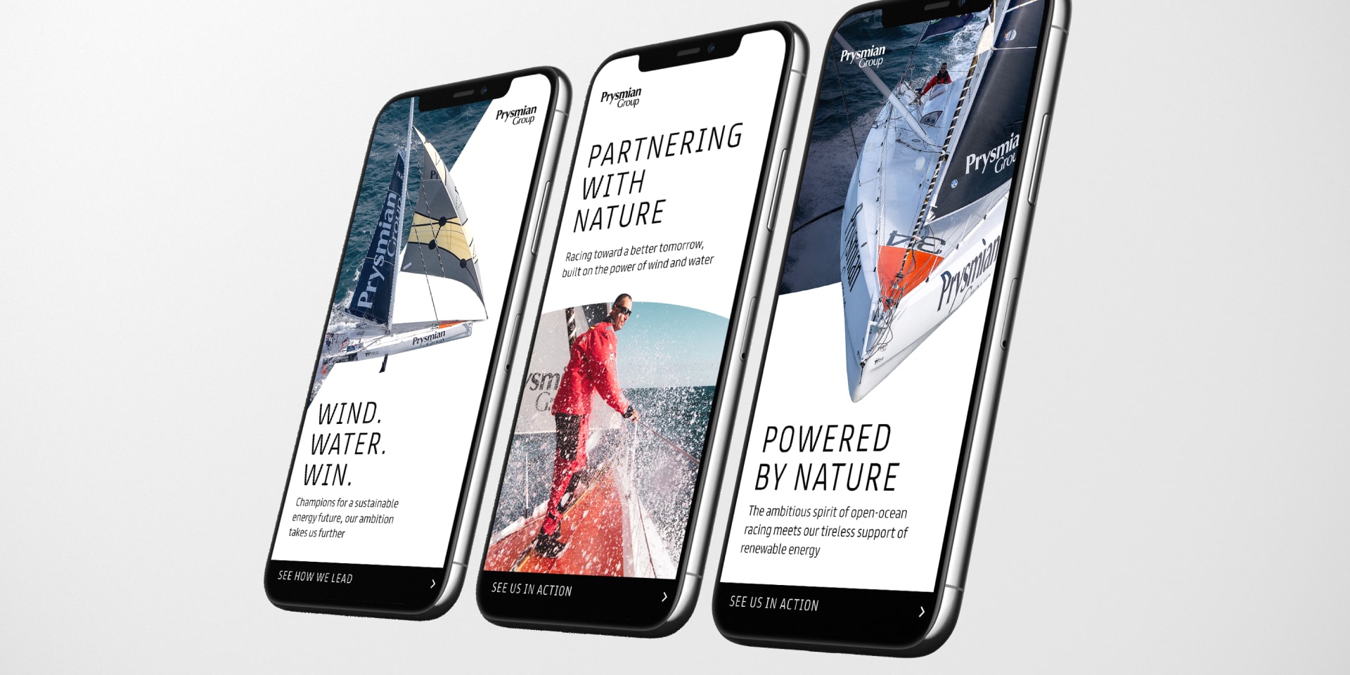 Prysmian's campaign displayed across three phone screens.