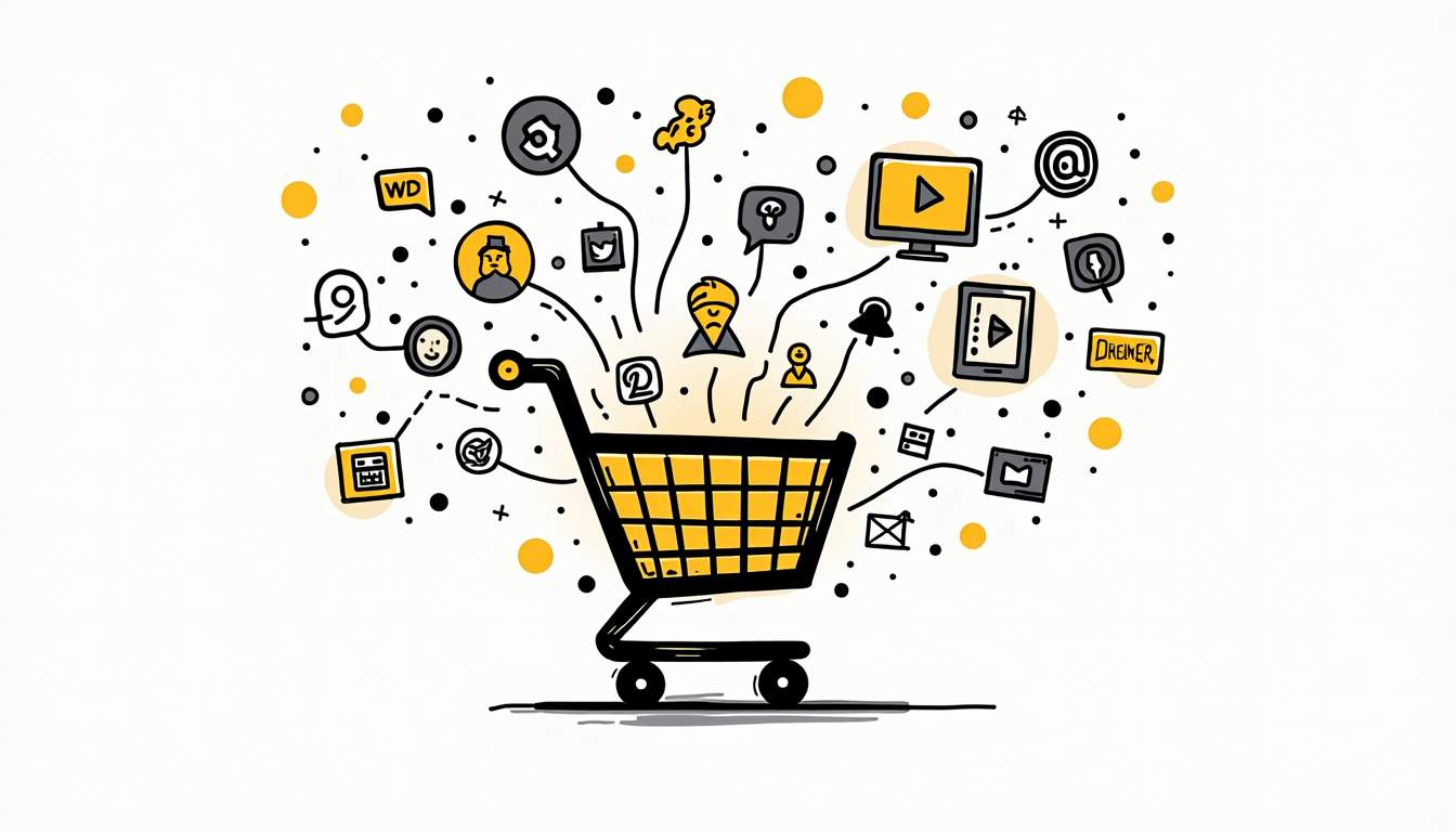 An abstract representation of a shopping cart intertwined with various social media icons and digital devices