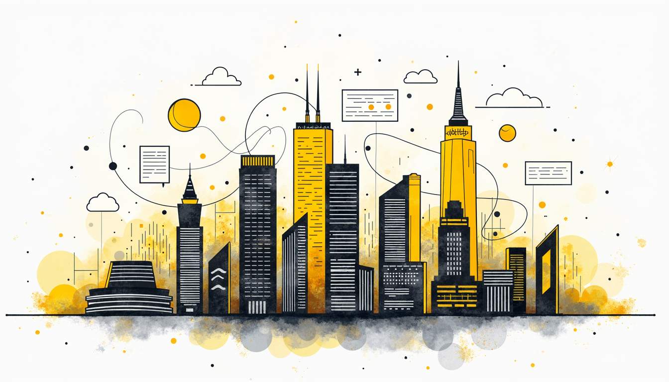 An abstract cityscape where traditional buildings are being transformed into modern tech structures