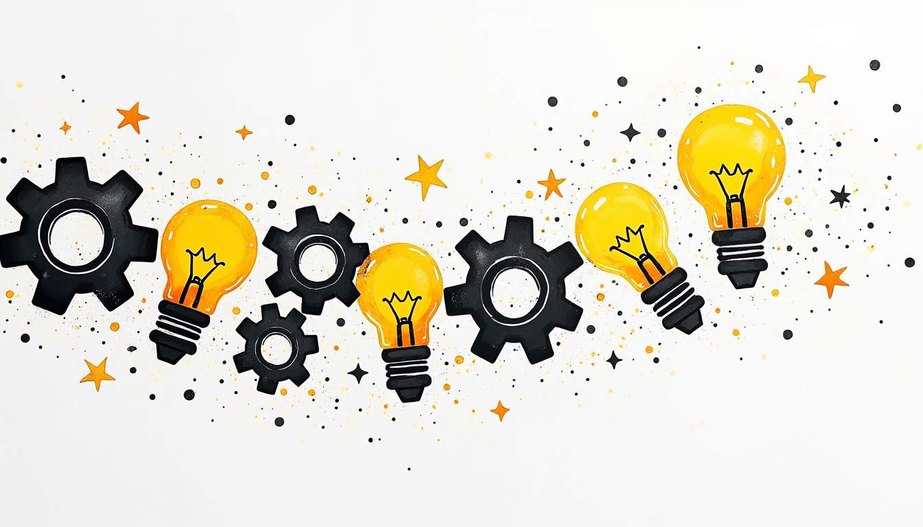 An abstract representation of interconnected gears and light bulbs