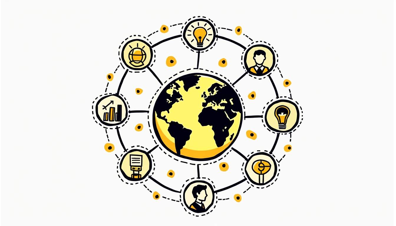 A globe surrounded by various iconic symbols representing different global trends