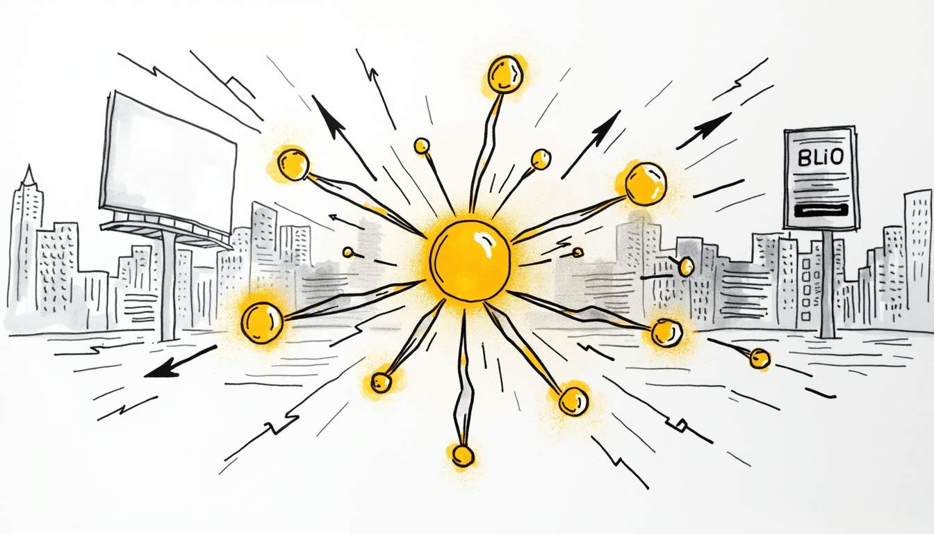 An abstract representation of a digital network interconnected with glowing nodes and arrows