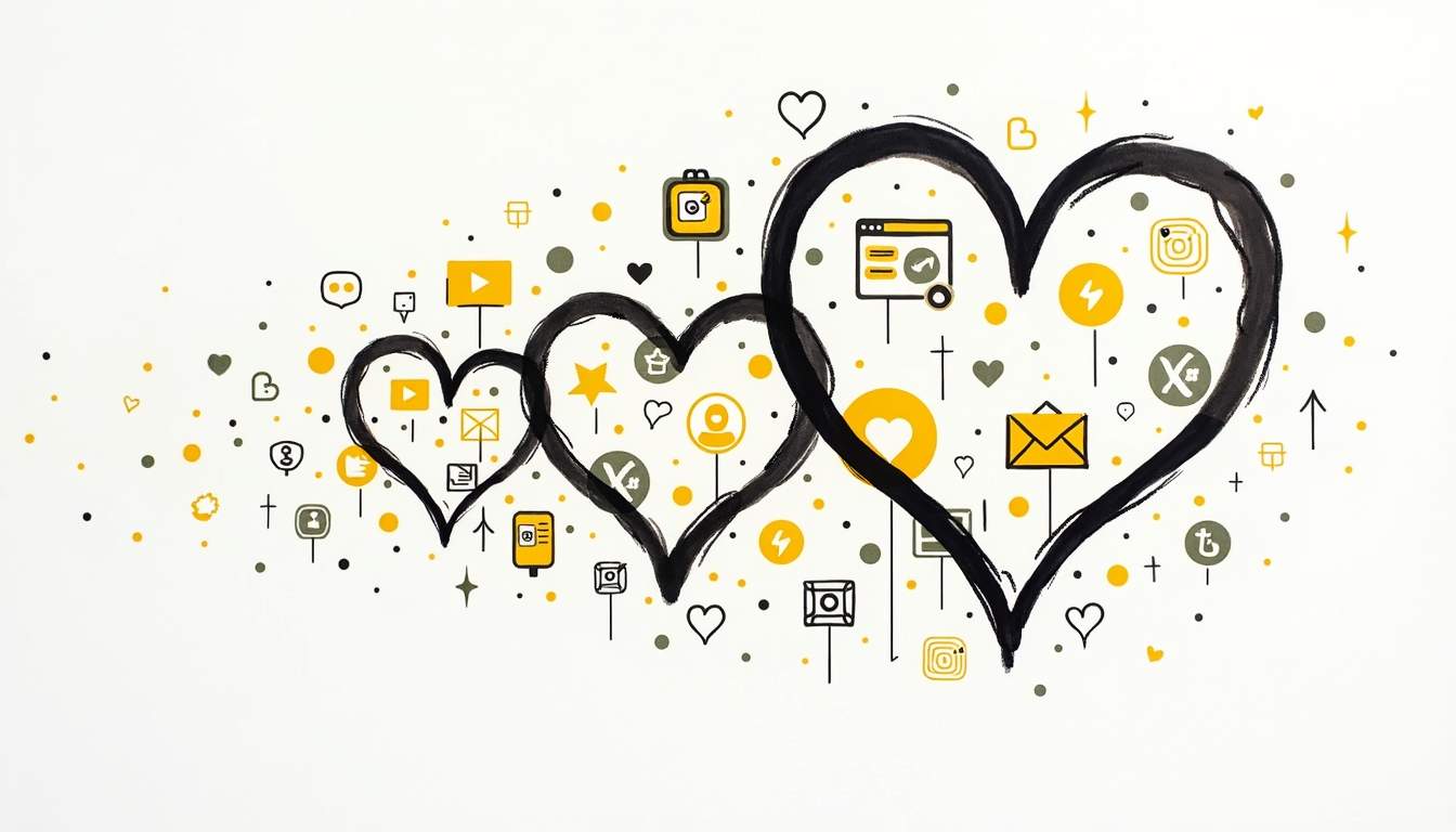 An abstract representation of interconnected hearts and social media icons
