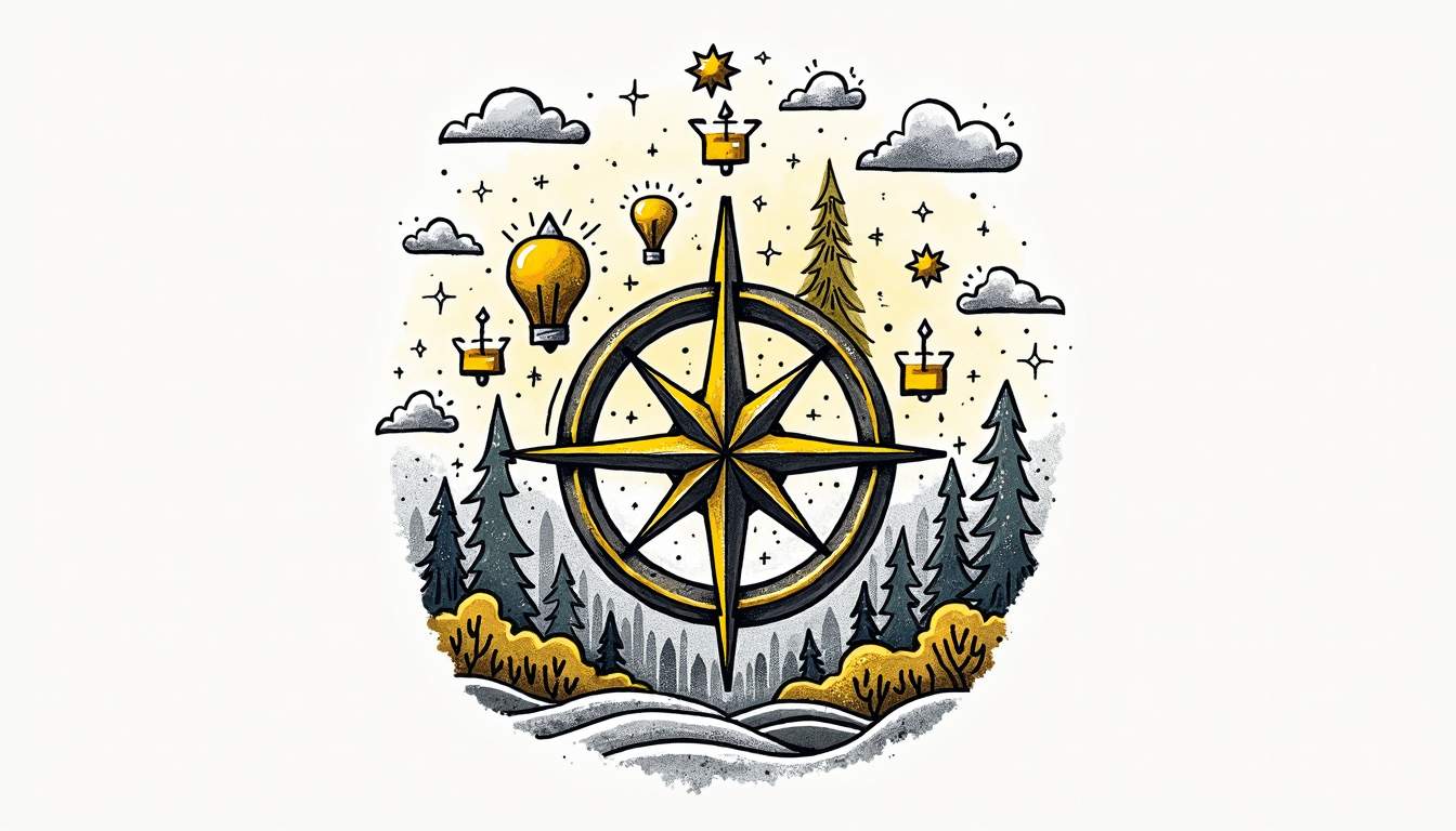 An abstract compass intertwined with various brand symbols and elements representing diverse consumer preferences