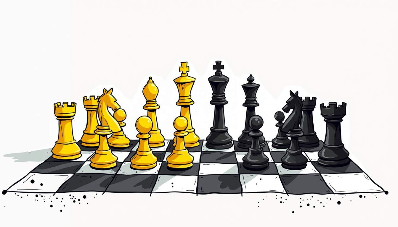 An intricate chessboard with various chess pieces representing different brands
