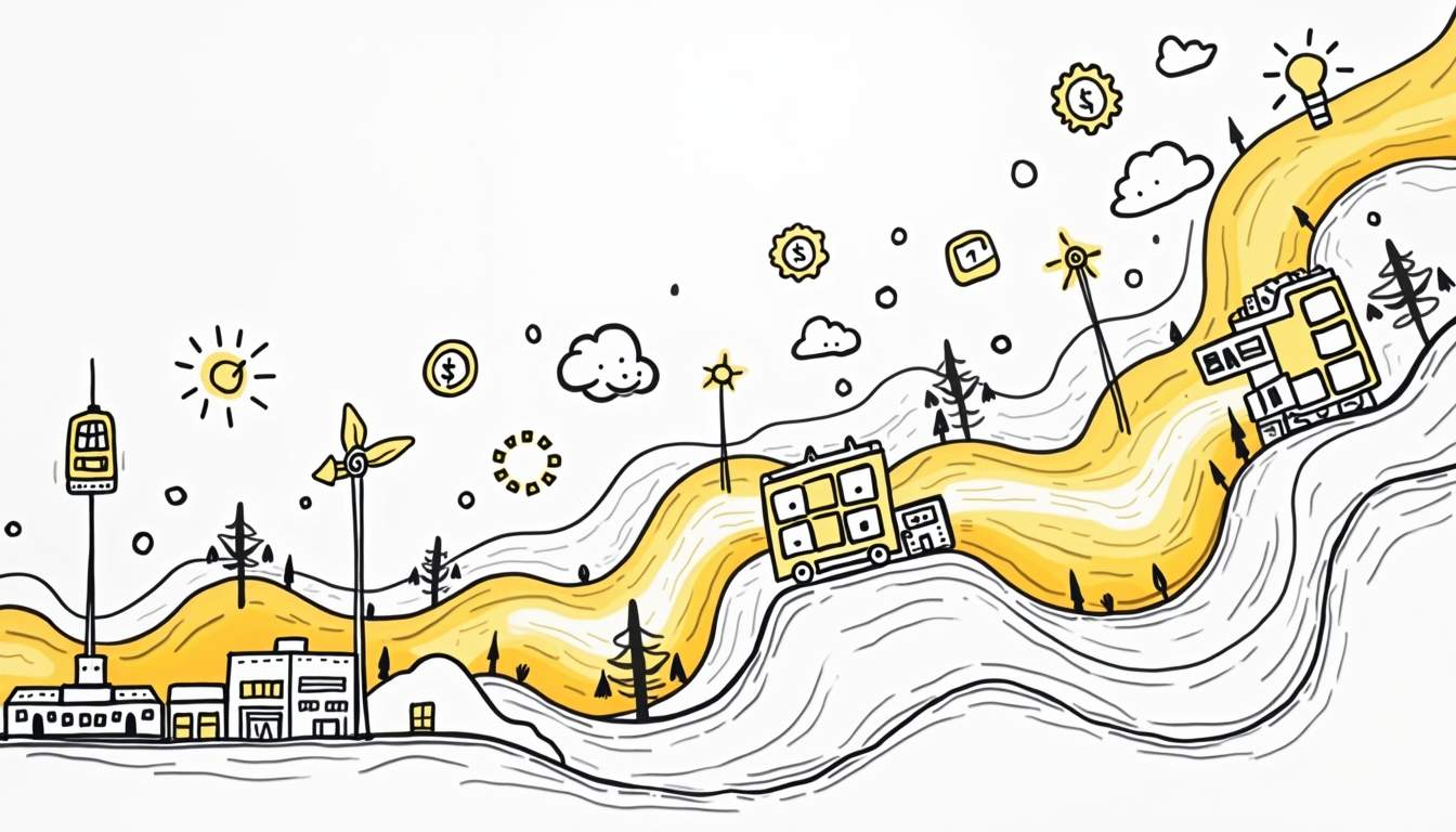 A dynamic landscape featuring various product icons and symbols that represent different brands