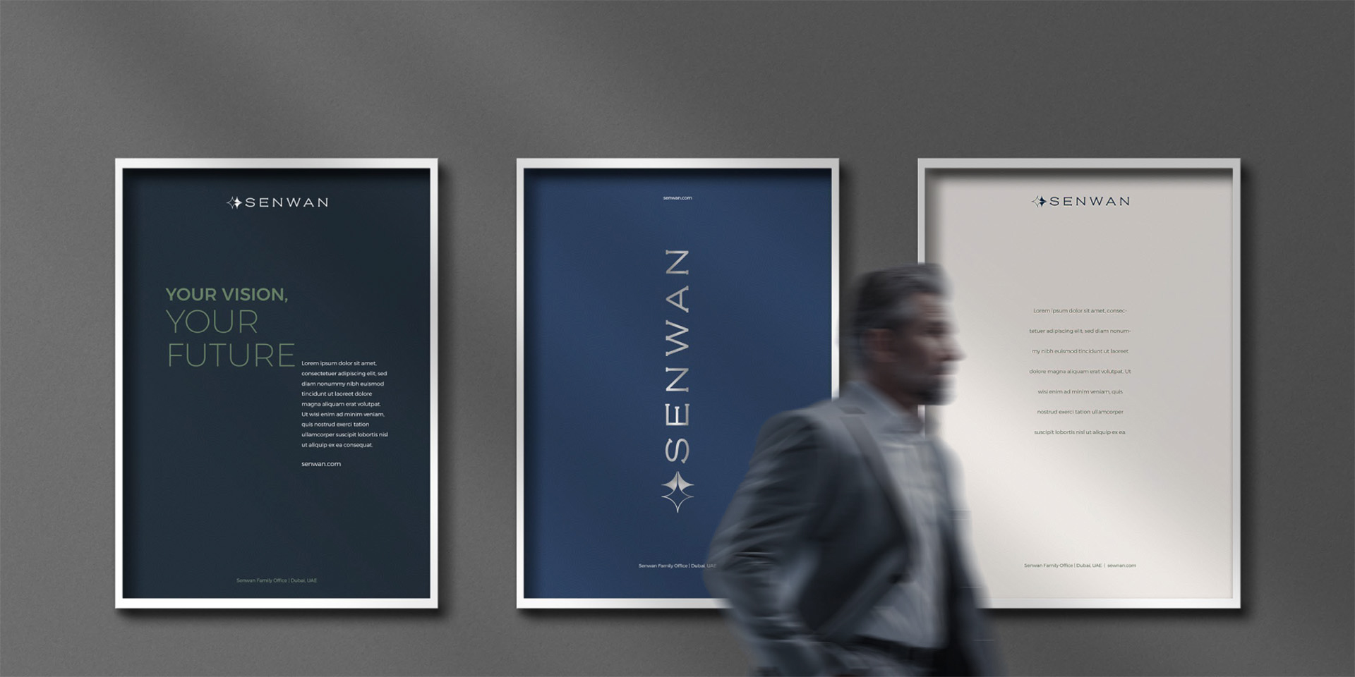 Three Senwan brand posters displayed on a textured gray background, featuring the sleek Senwan logo, the tagline ‘Your Vision, Your Future,’ and contemporary design elements in navy blue, vibrant blue, and light gray.
