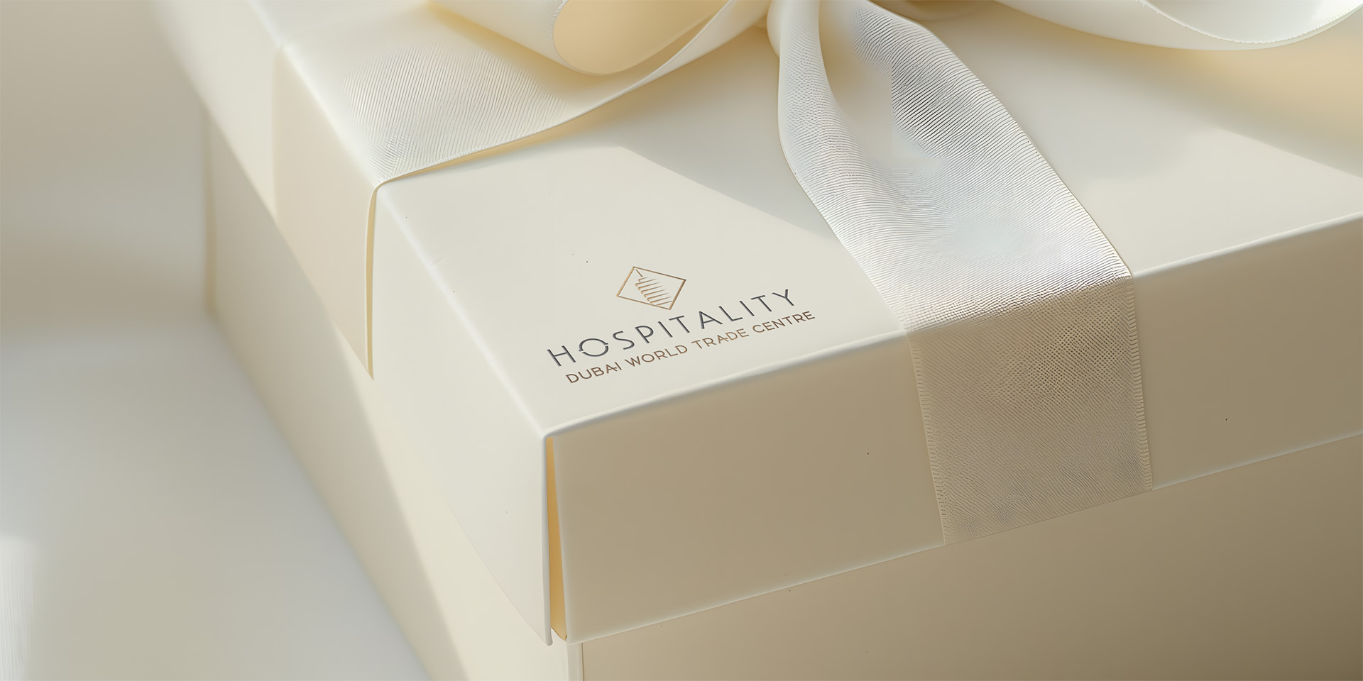 Elegant gift wrapping with DWTC Hospitality branding, featuring the new logo and premium materials, symbolizing commitment to delivering extraordinary guest experiences.