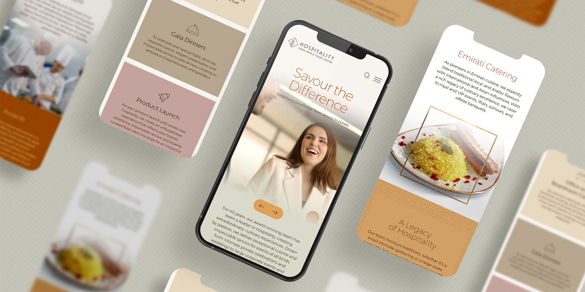 Screen captures of the DWTC Hospitality mobile app, showcasing the new brand identity designed by OMNRAE.