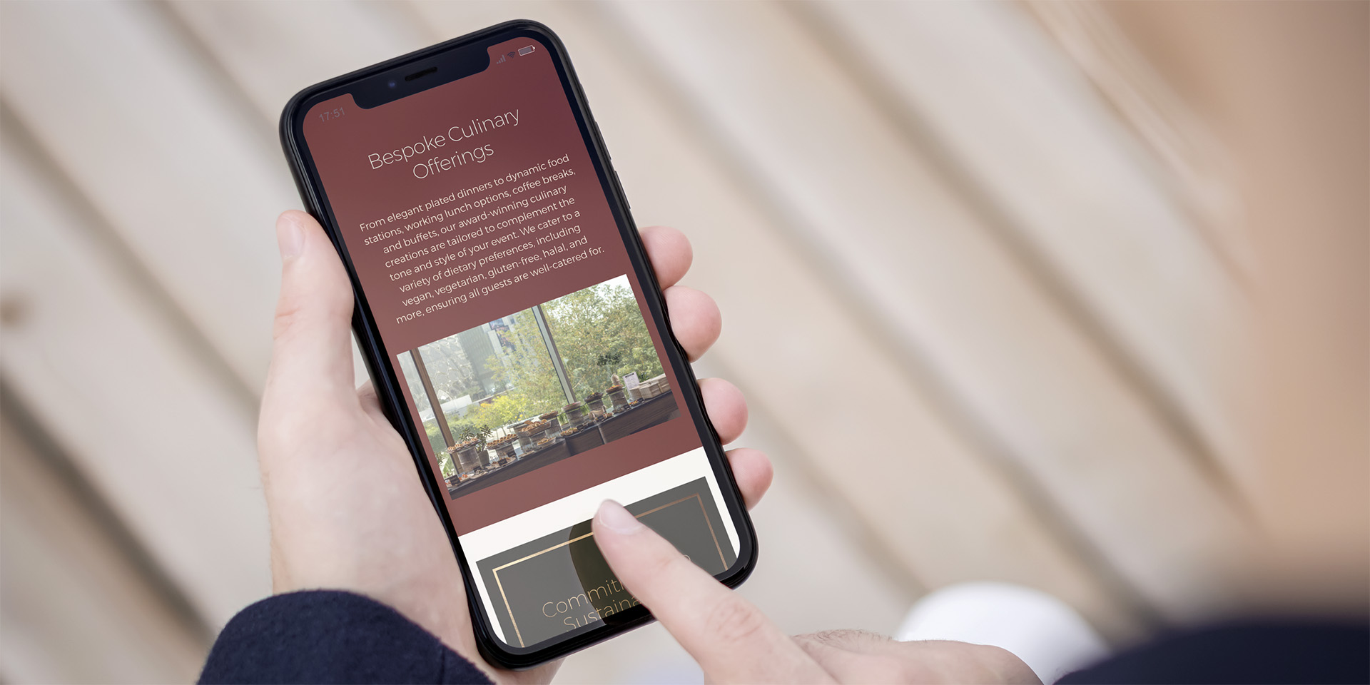 DWTC Hospitality mobile app interface featuring the new brand identity, and intuitive navigation that reflect world-class catering services and seamless customer experience for event planning and private dining.