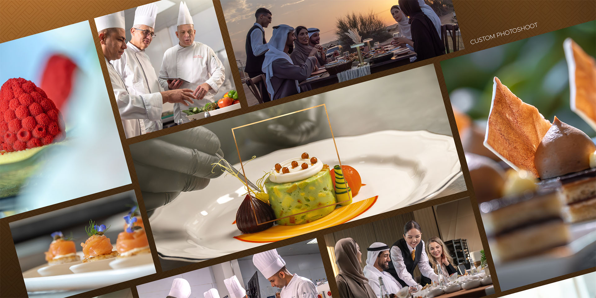 Custom photoshoot capturing DWTC Hospitality’s chefs, signature Emirati dishes, and luxury event setups.