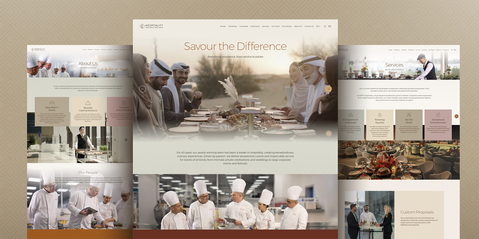 Screenshots of the redesigned DWTC Hospitality website, displaying sophisticated layouts, a contemporary color palette, and high-quality visuals that express the brand’s culinary mastery.