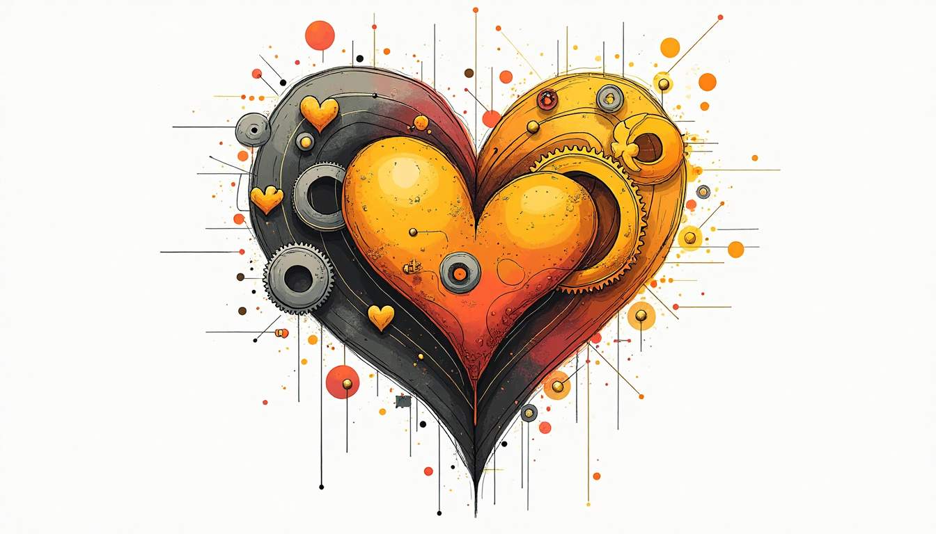 An abstract representation of interconnected gears and hearts