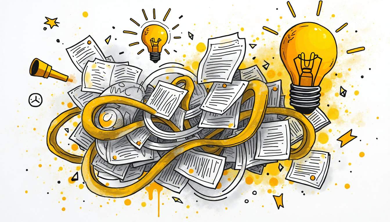An abstract representation of a tangled maze made of compliance documents and regulations